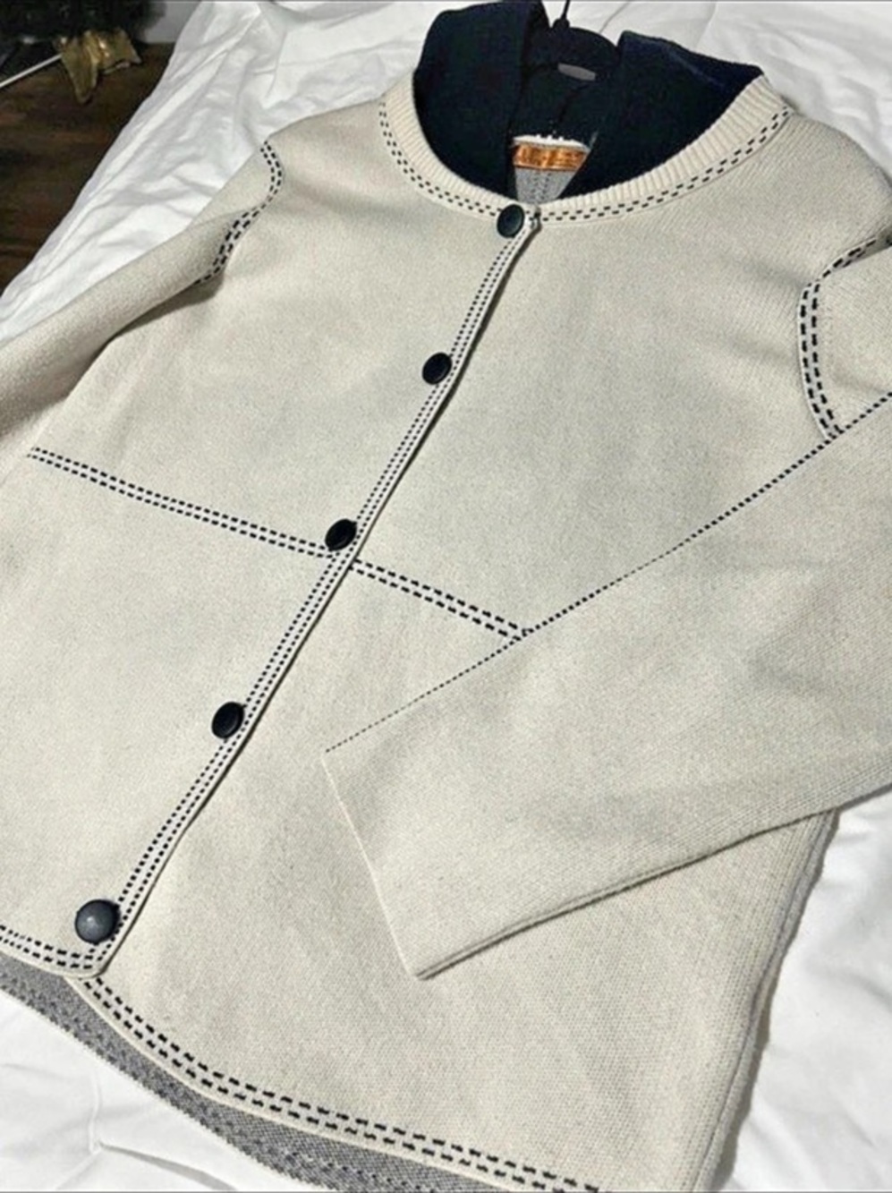 Dolce & Gabbana Contrast Stitch Crew Neck Cardigan in Gray & Black Like New